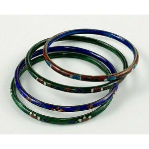 Lot of 4 Thin Chinese Floral Cloisonné Enamel Bangle Bracelets Stack Set